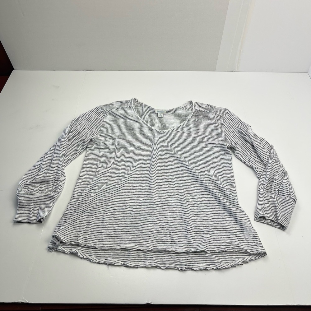 Sundance Black White Stripe Long Sleeve Linen Top Medium Crochet Neckline *FLAW